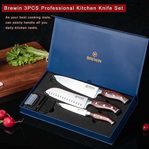Authentic 100% Λ High Quality Brewin Professional Chef Knife Set 3PCS,  Ultra Sharp Knives Set for Kitchen High Carbon Stainless Steel Kitchen Knife  Sets Full Tang Ergonomic Pakkawood Handle Home Cooking Knife